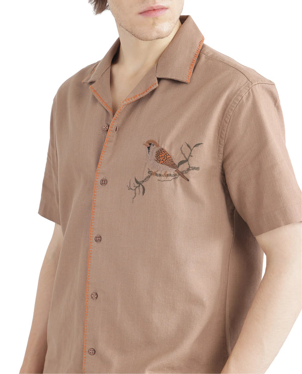 Rare Rabbit Men Couvin Light Brown Cotton Fabric Plain Shirt
