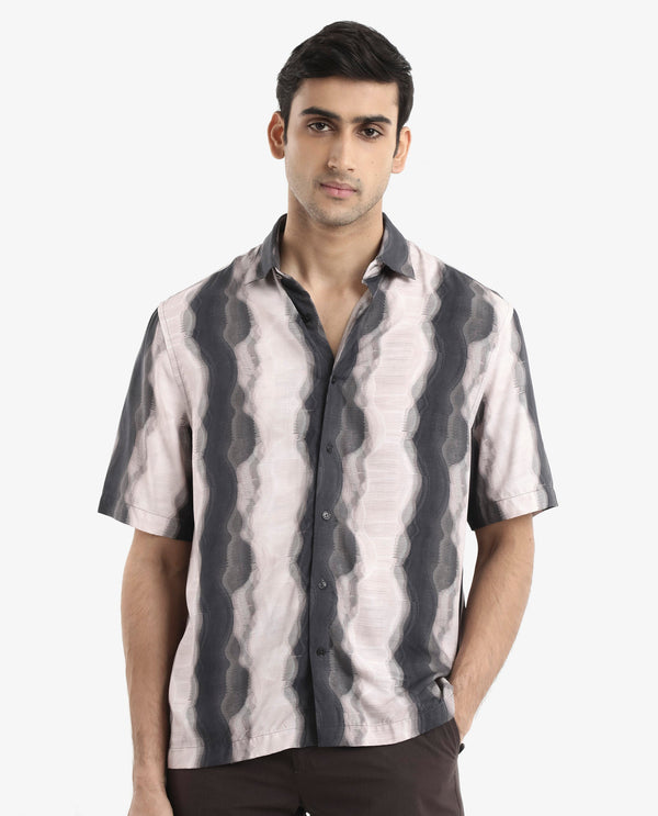 Rare Rabbit Men's Covel Black Viscose Fabric Regular Collar Half Sleeves Abstract Stripe Print Shirt