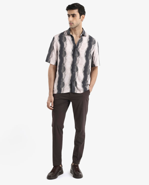 Rare Rabbit Men's Covel Black Viscose Fabric Regular Collar Half Sleeves Abstract Stripe Print Shirt