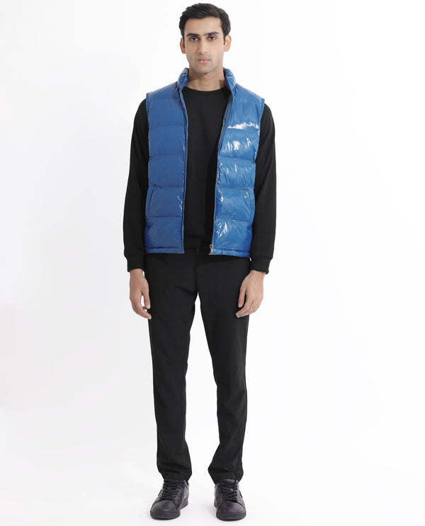 Rare Rabbit Men's Cover Dark Blue Metallic High Neck Quilted Puffer Jacket