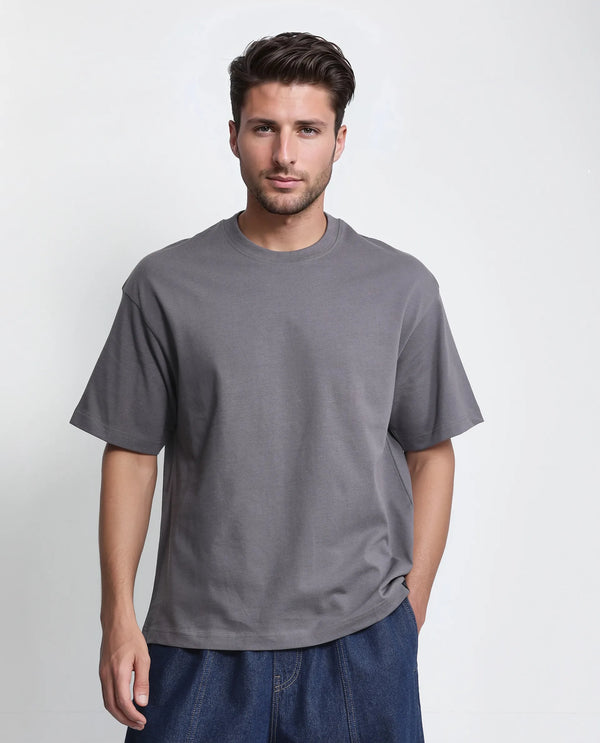 Rare Rabbit Men Craft Dark Grey Cotton Fabric Short Sleeve Crew Neck Oversized Fit Embroidered T-Shirt