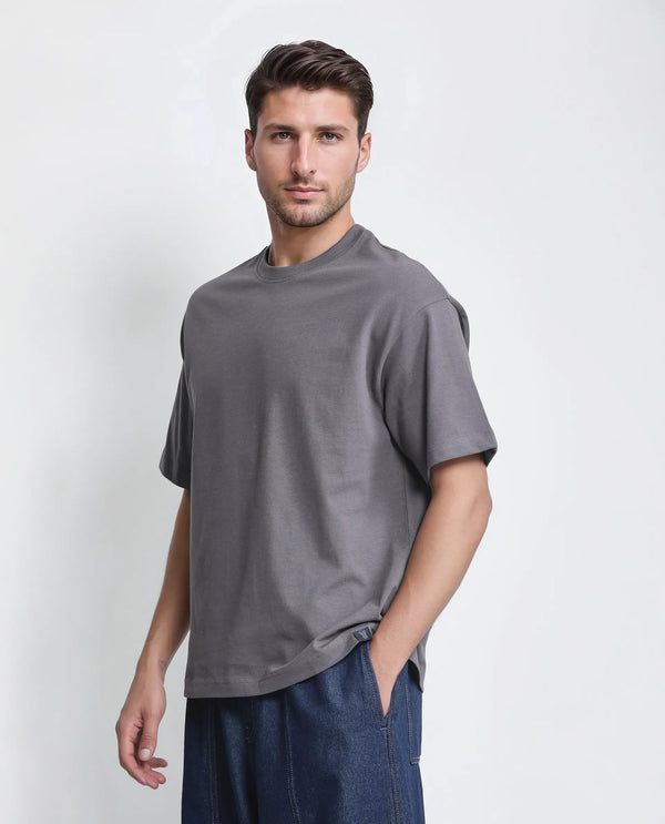 Rare Rabbit Men Craft Dark Grey Cotton Fabric Short Sleeve Crew Neck Oversized Fit Embroidered T-Shirt