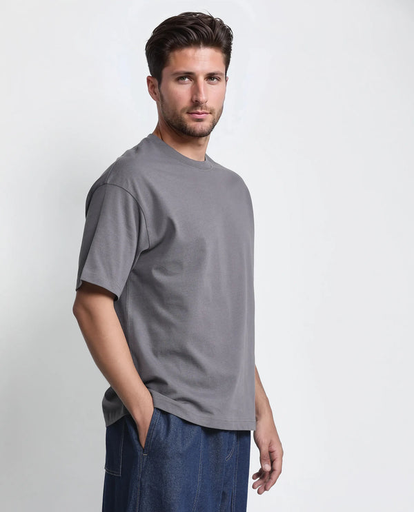Rare Rabbit Men Craft Dark Grey Cotton Fabric Short Sleeve Crew Neck Oversized Fit Embroidered T-Shirt