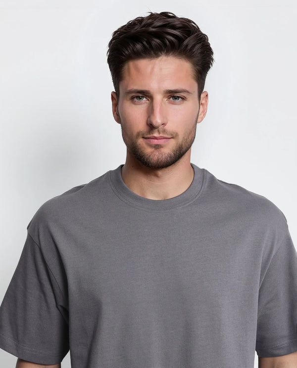Rare Rabbit Men Craft Dark Grey Cotton Fabric Short Sleeve Crew Neck Oversized Fit Embroidered T-Shirt