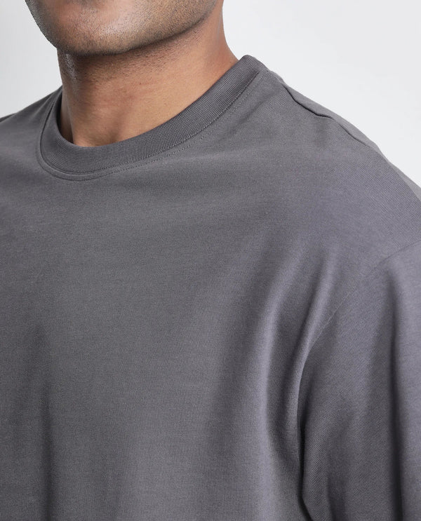 Rare Rabbit Men Craft Dark Grey Cotton Fabric Short Sleeve Crew Neck Oversized Fit Embroidered T-Shirt