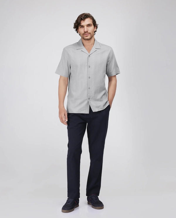 Rare Rabbit Men's Craggy Light Grey Cotton Fabric Short Sleeve Cuban Collar Button Closure Striped Shirt