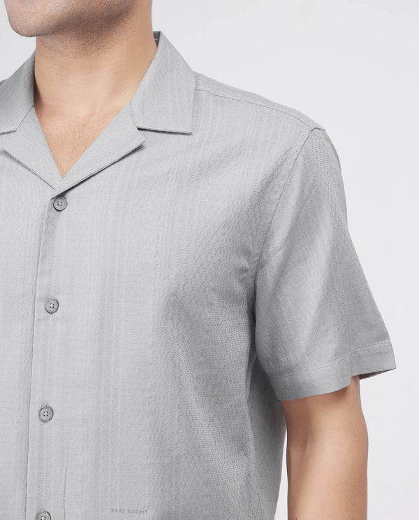 Rare Rabbit Men's Craggy Light Grey Cotton Fabric Short Sleeve Cuban Collar Button Closure Striped Shirt