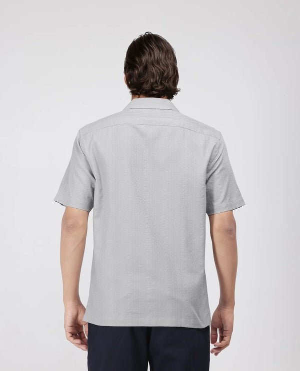Rare Rabbit Men's Craggy Light Grey Cotton Fabric Short Sleeve Cuban Collar Button Closure Striped Shirt
