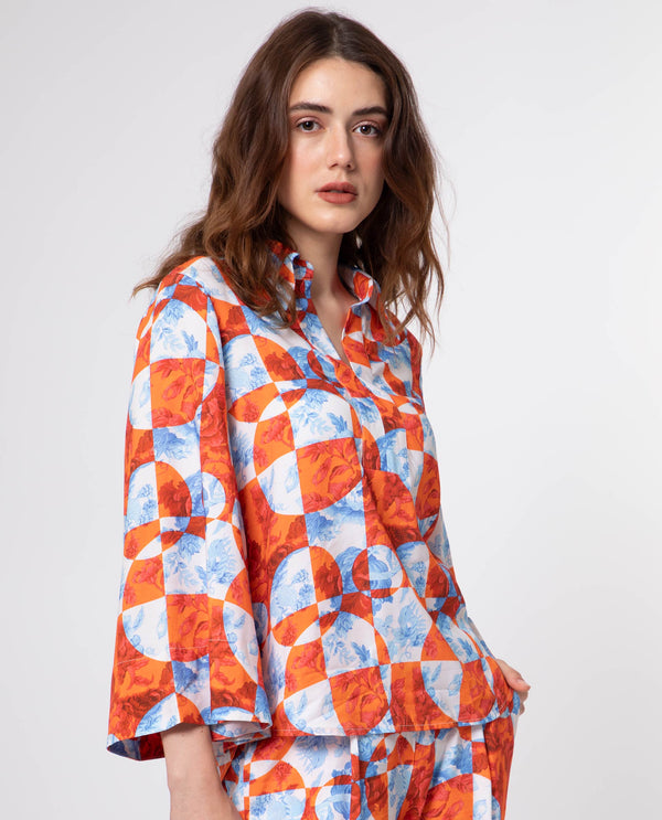 Rareism Women Crawford Orange Viscose Fabric 3/4Th Sleeves Shirt Collar Flared Sleeve Regular Fit Floral Print Top