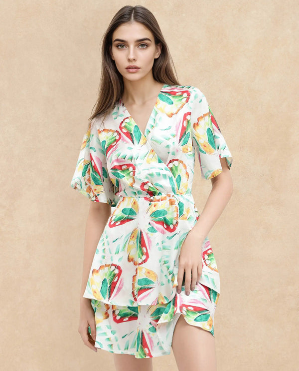 Rareism Women's Crelomi Light Multi  Overlap Neck Button Closure Half Sleeve Floral Print Fit And Flare Mini Dress