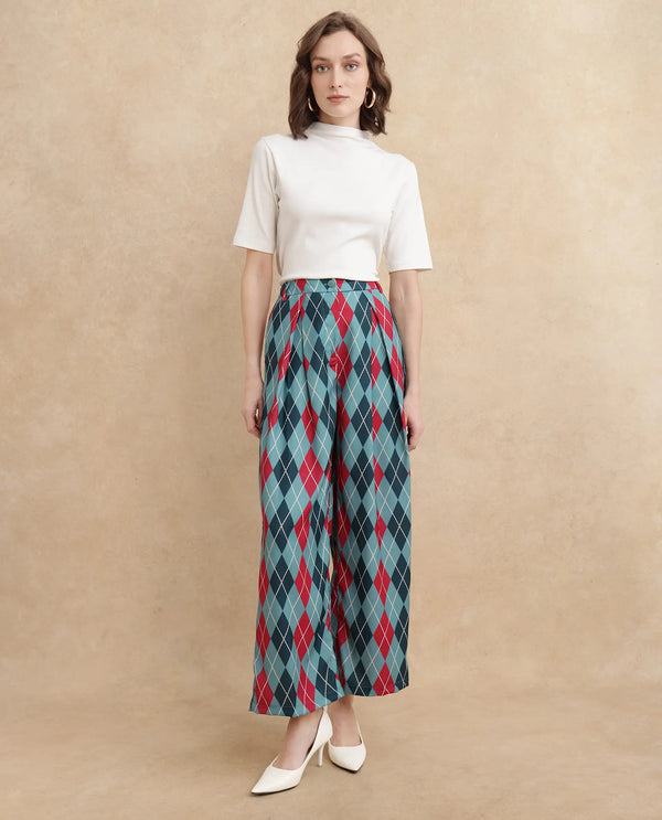 Rareism Women Creman Multi Button Closure Wide Fit Ankle Length Printed Trouser