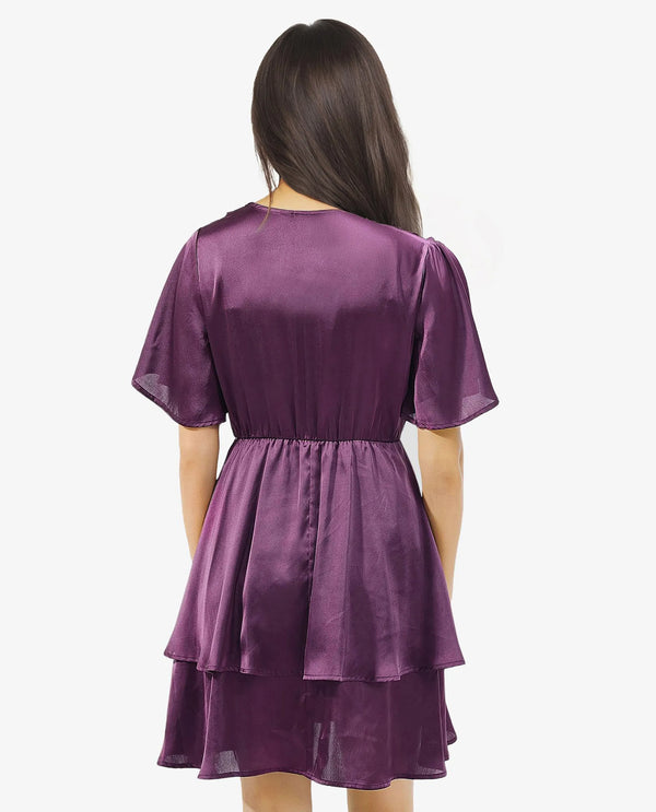 Rareism Women's Creola Dark Purple Polyester Fabric Overlap Neck  Half Sleeve Plain Fit And Flare Mini Dress