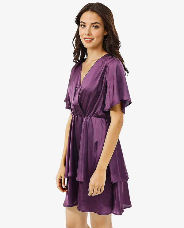 Rareism Women's Creola Dark Purple Polyester Fabric Overlap Neck  Half Sleeve Plain Fit And Flare Mini Dress