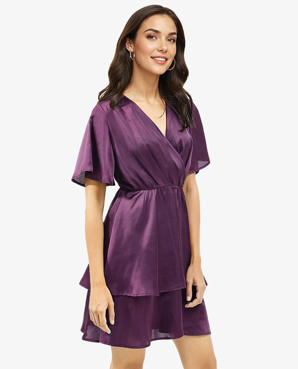 Rareism Women's Creola Dark Purple Polyester Fabric Overlap Neck  Half Sleeve Plain Fit And Flare Mini Dress