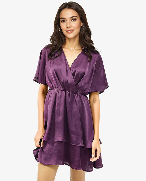 Rareism Women's Creola Dark Purple Polyester Fabric Overlap Neck  Half Sleeve Plain Fit And Flare Mini Dress