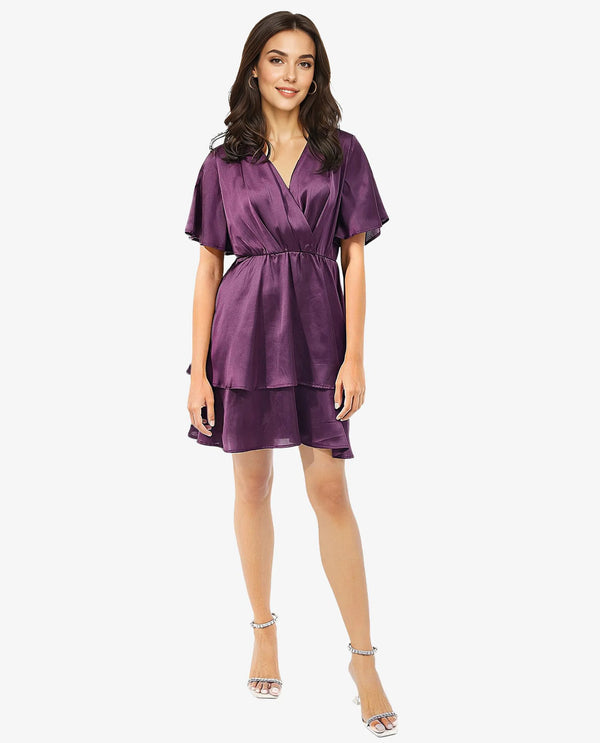 Rareism Women's Creola Dark Purple Polyester Fabric Overlap Neck  Half Sleeve Plain Fit And Flare Mini Dress