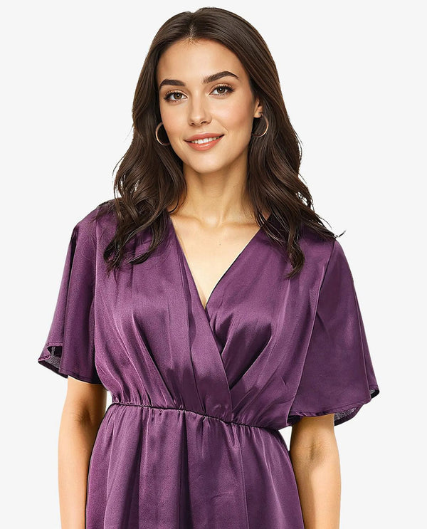 Rareism Women's Creola Dark Purple Polyester Fabric Overlap Neck  Half Sleeve Plain Fit And Flare Mini Dress