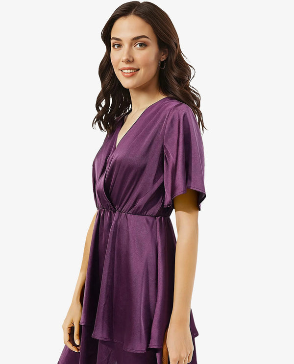 Rareism Women's Creola Dark Purple Polyester Fabric Overlap Neck  Half Sleeve Plain Fit And Flare Mini Dress