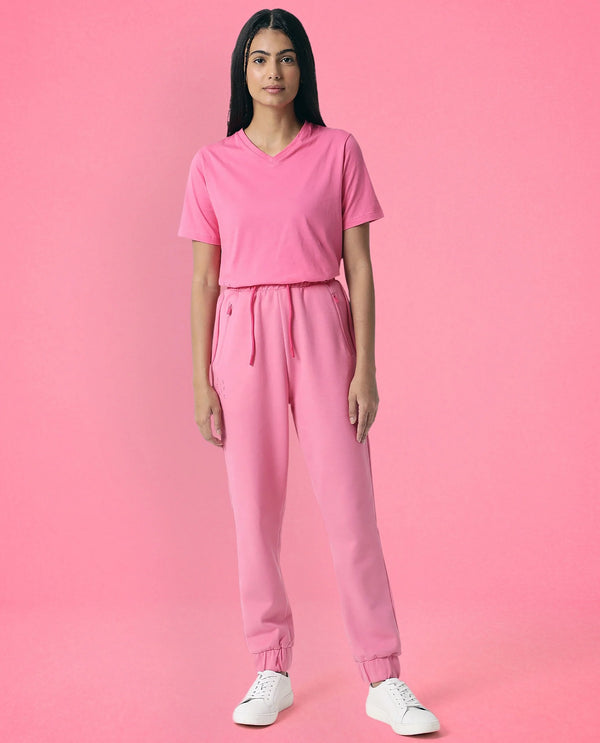 Rareism Women Creta Flouroscent Pink Cotton Blend Fabric Relaxed Fit Solid Mid Rise Ankle Length Track Pant