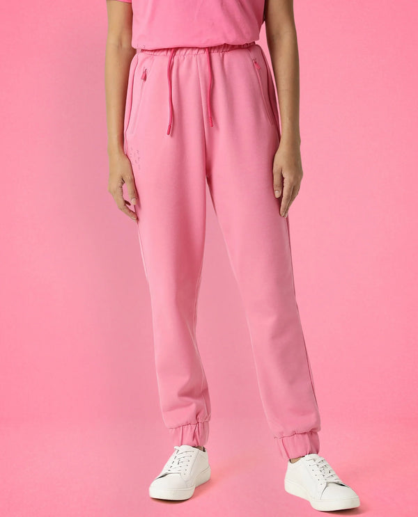 Rareism Women Creta Flouroscent Pink Cotton Blend Fabric Relaxed Fit Solid Mid Rise Ankle Length Track Pant