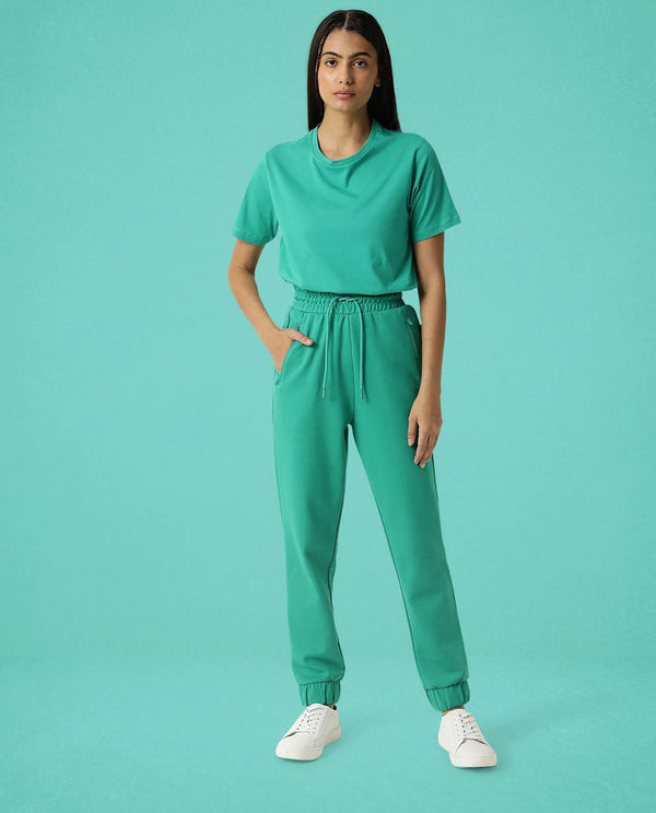 Rareism Women Creta Green Cotton Blend Fabric Relaxed Fit Solid Mid Rise Ankle Length Track Pant