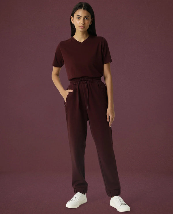 Rareism Women Creta Maroon Cotton Blend Fabric Relaxed Fit Solid Mid Rise Ankle Length Track Pant