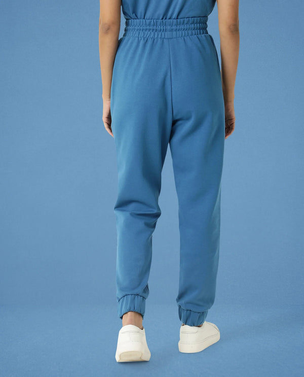 Rareism Women Creta Petrol Cotton Blend Fabric Relaxed Fit Solid Mid Rise Ankle Length Track Pant