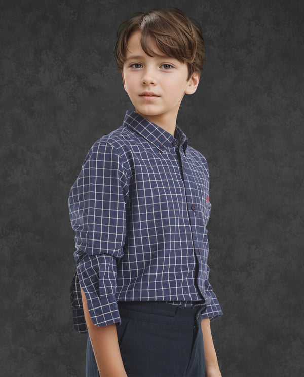Rare Ones Kids Crew Navy Cotton Full Sleeves Button Down Collar Regular Fit Checked Shirt