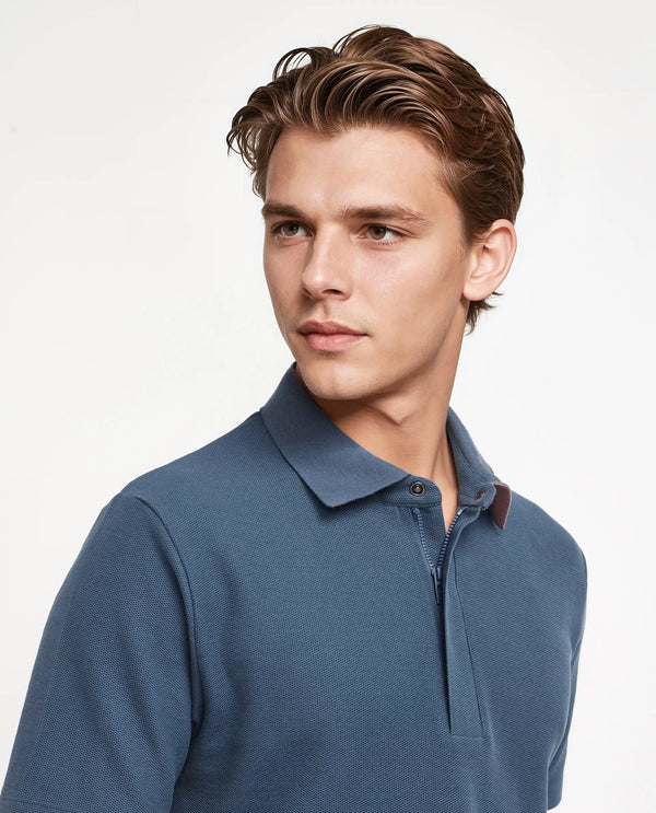 Rare Rabbit Men Crin Blue Cotton Fabric Short Sleeve Collared Neck Zipper Closure Plain Polo