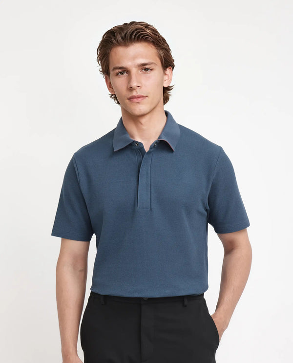 Rare Rabbit Men Crin Blue Cotton Fabric Short Sleeve Collared Neck Zipper Closure Plain Polo
