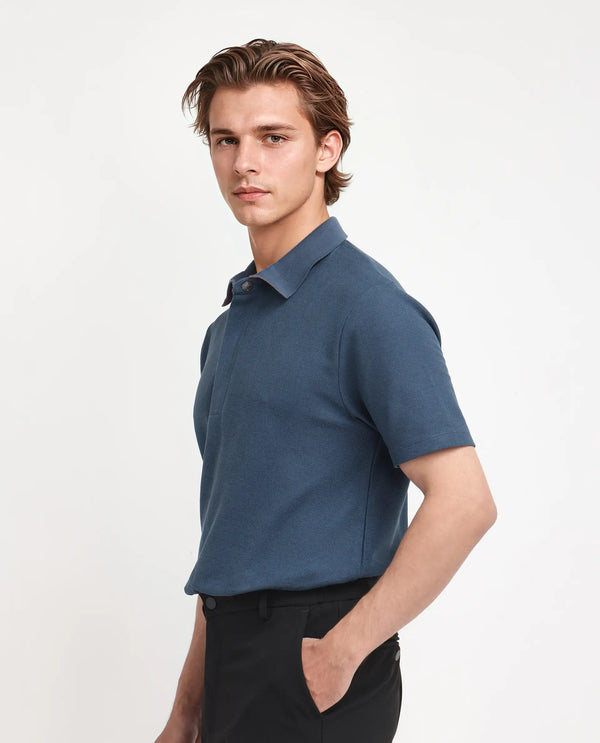 Rare Rabbit Men Crin Blue Cotton Fabric Short Sleeve Collared Neck Zipper Closure Plain Polo