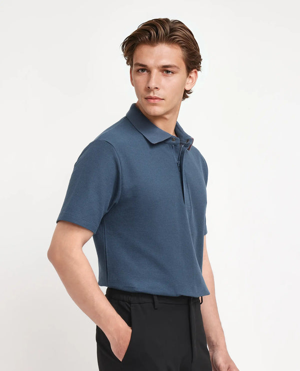 Rare Rabbit Men Crin Blue Cotton Fabric Short Sleeve Collared Neck Zipper Closure Plain Polo