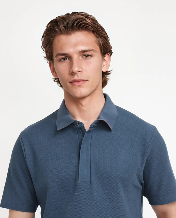 Rare Rabbit Men Crin Blue Cotton Fabric Short Sleeve Collared Neck Zipper Closure Plain Polo