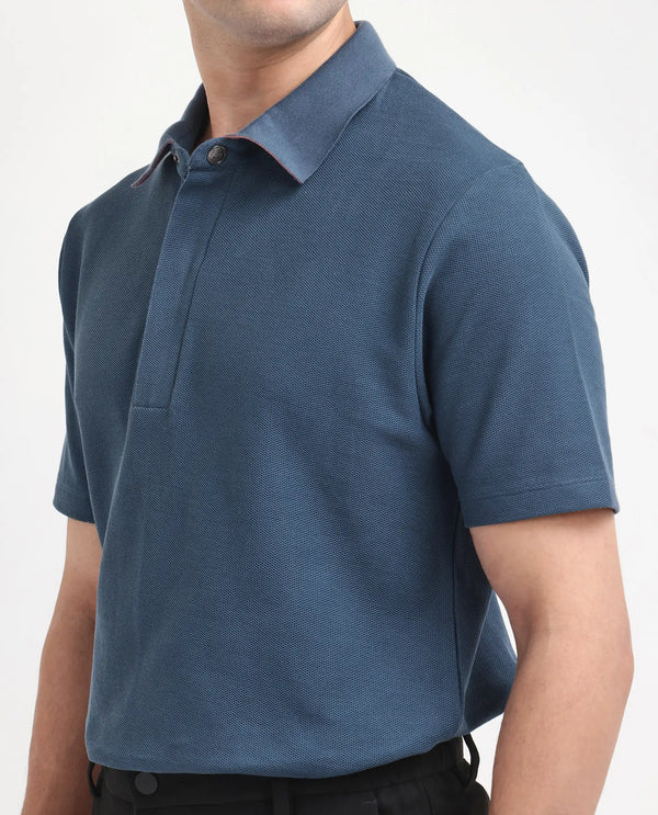 Rare Rabbit Men Crin Blue Cotton Fabric Short Sleeve Collared Neck Zipper Closure Plain Polo