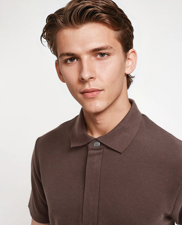 Rare Rabbit Men Crin Brown Cotton Fabric Short Sleeve Collared Neck Zipper Closure Plain Polo