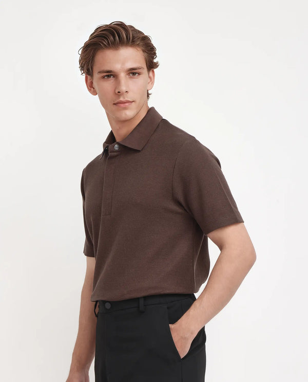 Rare Rabbit Men Crin Brown Cotton Fabric Short Sleeve Collared Neck Zipper Closure Plain Polo