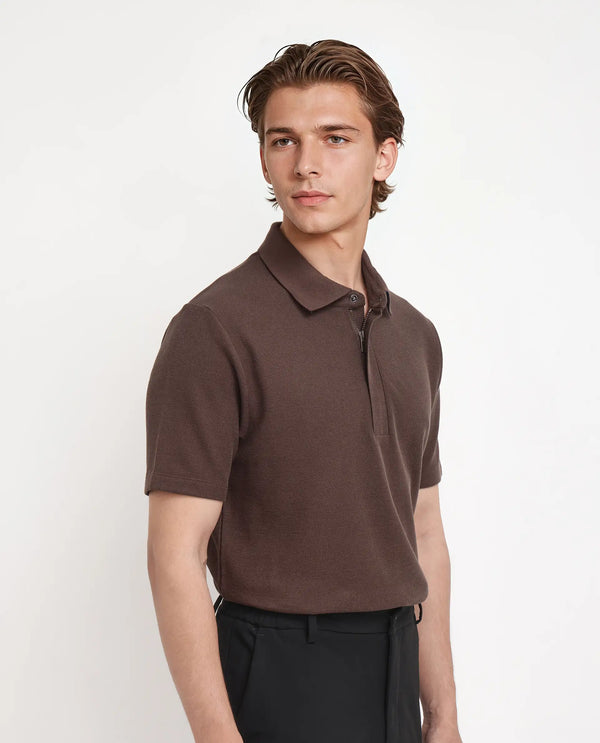 Rare Rabbit Men Crin Brown Cotton Fabric Short Sleeve Collared Neck Zipper Closure Plain Polo