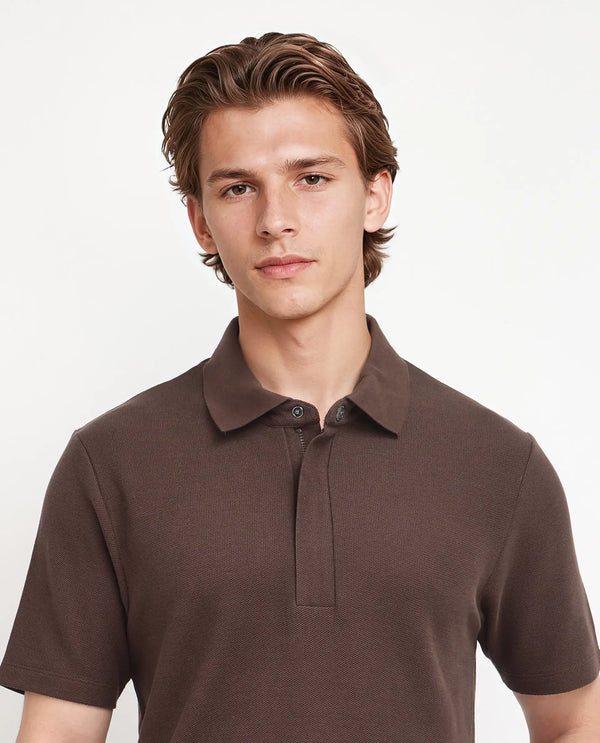Rare Rabbit Men Crin Brown Cotton Fabric Short Sleeve Collared Neck Zipper Closure Plain Polo