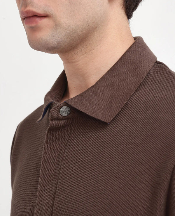 Rare Rabbit Men Crin Brown Cotton Fabric Short Sleeve Collared Neck Zipper Closure Plain Polo