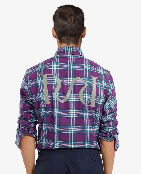Rare Rabbit Men's Crin Dark Purple Cotton Fabric Full Sleeve Regular Collared Oversized Fit Checks Shirt