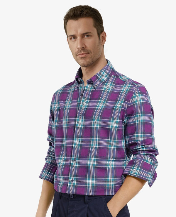 Rare Rabbit Men's Crin Dark Purple Cotton Fabric Full Sleeve Regular Collared Oversized Fit Checks Shirt