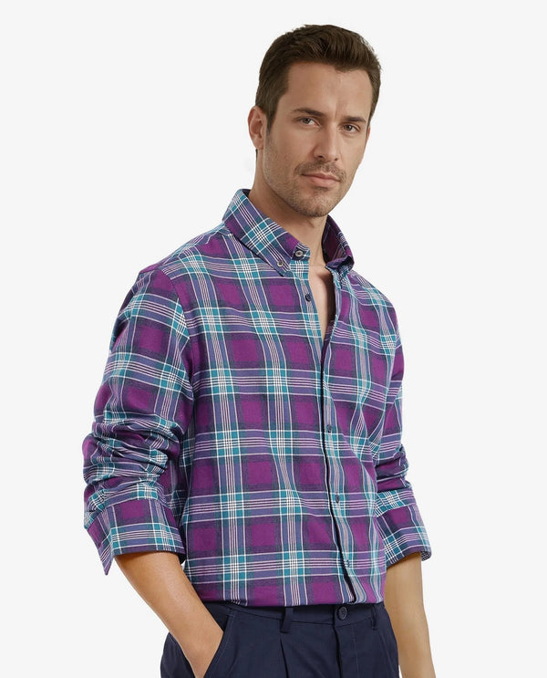 Rare Rabbit Men's Crin Dark Purple Cotton Fabric Full Sleeve Regular Collared Oversized Fit Checks Shirt