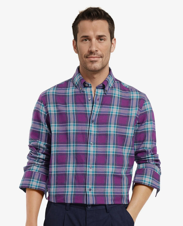 Rare Rabbit Men's Crin Dark Purple Cotton Fabric Full Sleeve Regular Collared Oversized Fit Checks Shirt