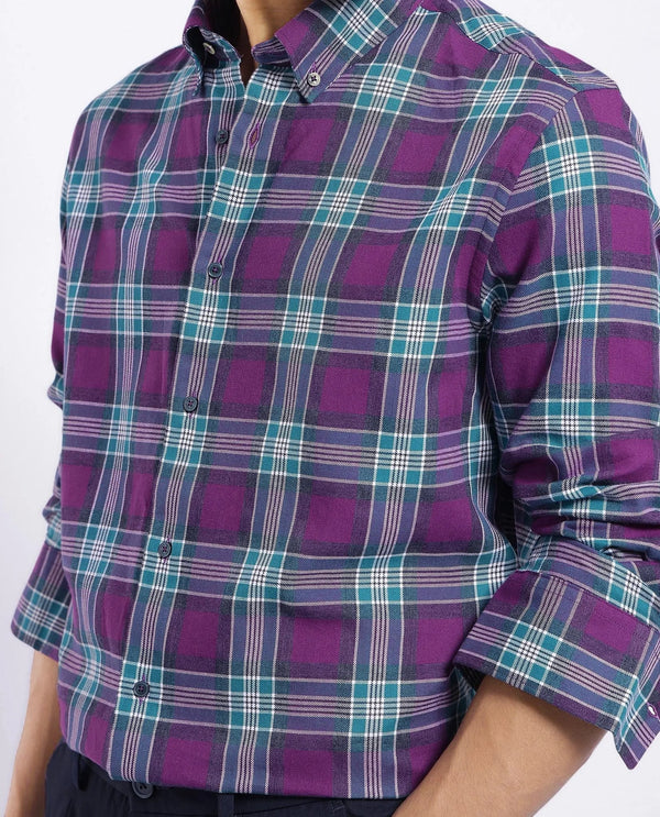 Rare Rabbit Men's Crin Dark Purple Cotton Fabric Full Sleeve Regular Collared Oversized Fit Checks Shirt