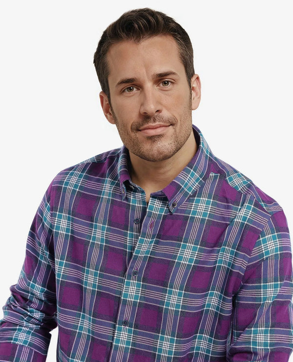 Rare Rabbit Men's Crin Dark Purple Cotton Fabric Full Sleeve Regular Collared Oversized Fit Checks Shirt