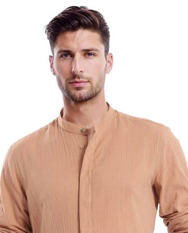 Rare Rabbit Men Crinkle-25 Dusky Brown Cotton Fabric Full Sleeve Mandarin Collar Button Closure Plain Shirt