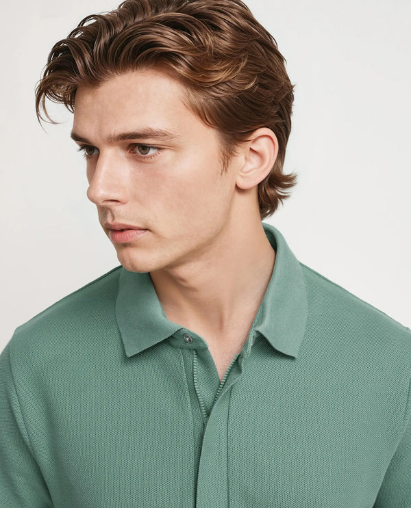 Rare Rabbit Men Crin Light Green Cotton Fabric Short Sleeve Collared Neck Zipper Closure Plain Polo