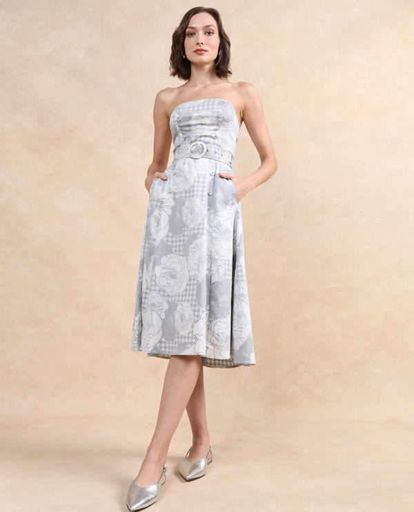 Rareism Women's Croatink Multi  Tube Neck  Sleeveless Floral Print Flared Midi Dress