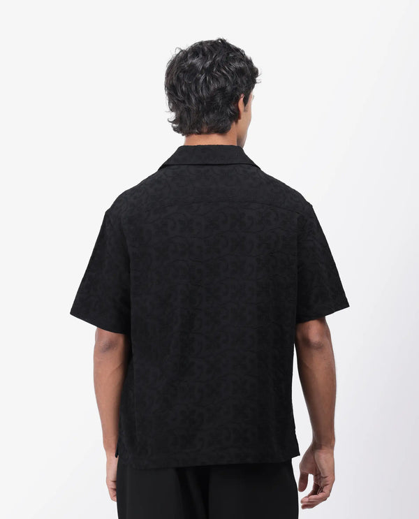 Rare Rabbit Men's Crof Black Cotton Fabric Short Sleeve Collared Neck Button Closure Embroidered Shirt