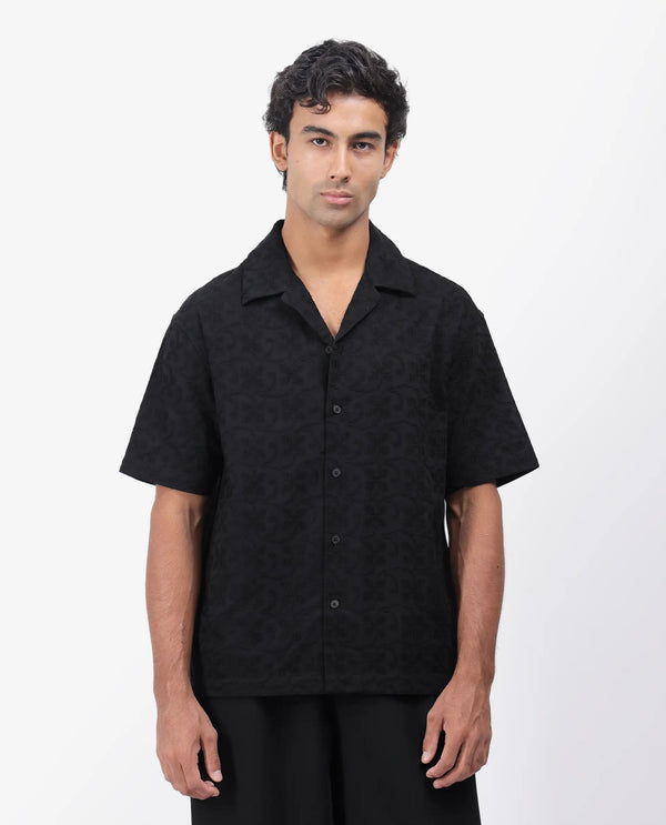 Rare Rabbit Men's Crof Black Cotton Fabric Short Sleeve Collared Neck Button Closure Embroidered Shirt